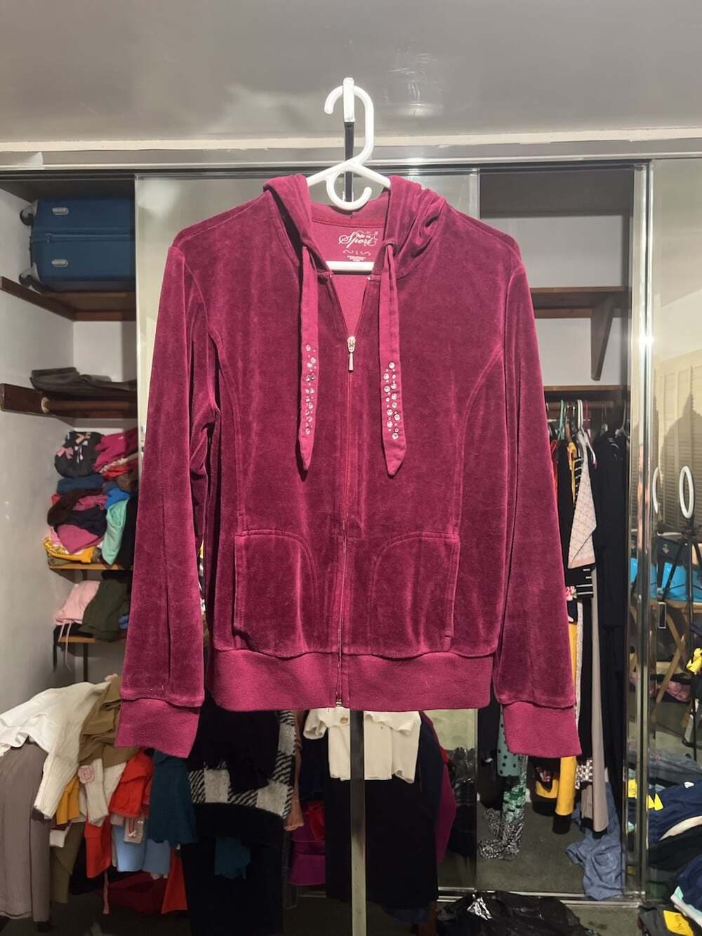 Style & Co Sport Burgundy Velour Full Zip Hoodie With Rhinestone Drawstrings